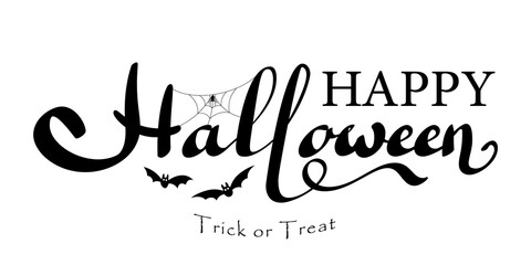 Happy Halloween vector lettering isolated white background. Holiday lettering banner. Halloween celebration poster, cobweb, spider, bat. Greeting card, october party invitation Vector illustration