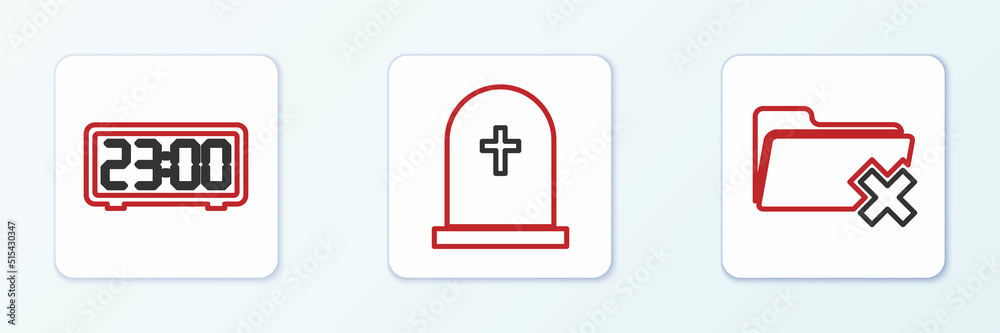 Poster set line delete folder, digital alarm clock and tombstone with cross icon. vector