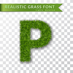 Grass letter P, alphabet 3D design. Capital letter text. Green font isolated white transparent background, shadow. Symbol eco nature environment, save the planet. Realistic meadow Vector illustration - 515430344