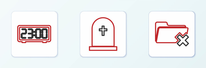 Set line Delete folder, Digital alarm clock and Tombstone with cross icon. Vector