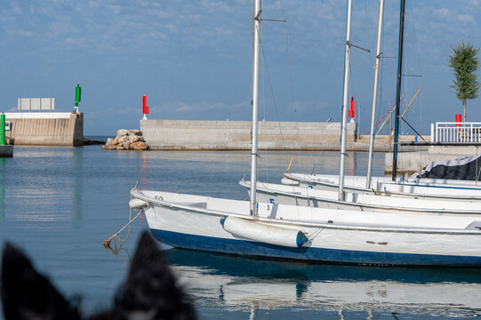 Boats in the port at Comarruga beach in Tarragona, Spain.