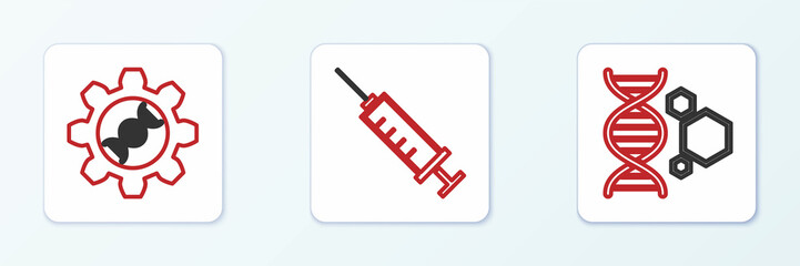 Set line Genetic engineering, and Syringe icon. Vector
