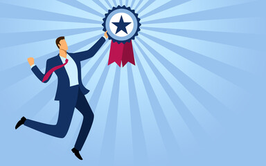 Businessman jumps while holding award medal