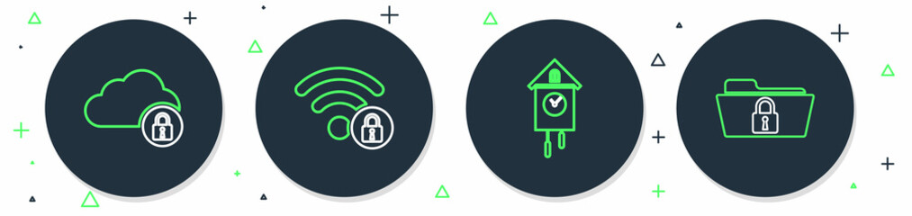 Set line Wifi locked, Retro wall watch, Cloud computing and Folder and icon. Vector