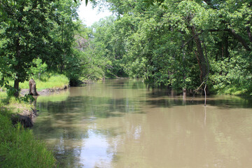 Muddy North Branch of the Chicago River after a heavy rain at Miami Woods in Morton Grove, Illinois