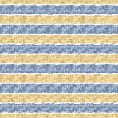 Seamless French country kitchen stripe fabric pattern print. Blue yellow white horizontal striped background. Batik dye provence style rustic woven cottagecore textile. 