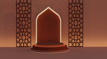 Golden brown islamic decoration background product display podium on arc design with light 3d rendering image