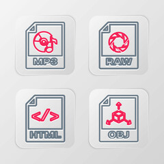 Set line OBJ file document, HTML, RAW and MP3 icon. Vector