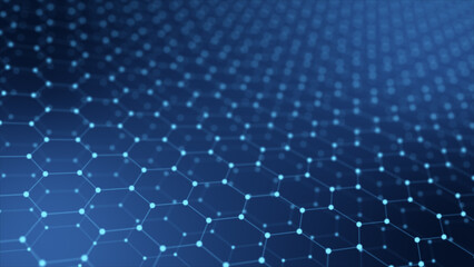 Futuristic background of technological blue grid of hexagons side view  blur. 3d illustration