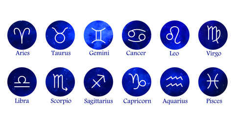 Zodiac sings set with captions. Horoscope and astrology symbols icons in space circles on white background. Vector illustration.