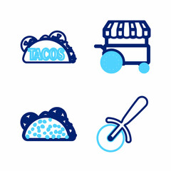 Set line Pizza knife, Taco with tortilla, Fast street food cart and icon. Vector