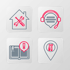 Set line Location service, Interesting facts, Headphones with speech bubble chat and House icon. Vector