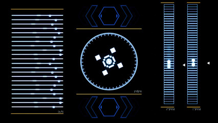 Futuristic digital interface screen with running computer program. Animation. Abstract functioning system application on black background.