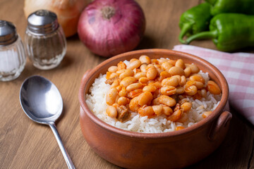 Traditional Turkish cuisine. Kuru Fasulye . Haricot Beans, rice and beans (Turkish name; pilav ustu kuru fasulye)