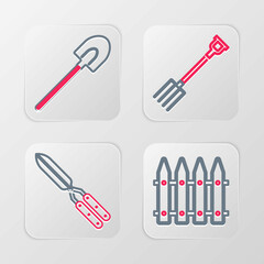 Set line Garden fence, Gardening handmade scissor, pitchfork and shovel icon. Vector
