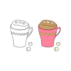 Hand drawn outline and colored mug cake.