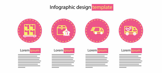 Set line Delivery truck in movement, with check mark, Plane and cardboard box and Cardboard boxes on pallet icon. Vector