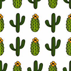 Seamless pattern with cactus. Vector doodle print with cactus. Botanical background for textiles.