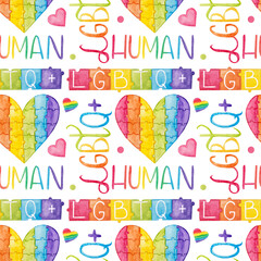 Watercolor pattern, heart in lgbt colors, rainbow lettering on white background. Seamless pattern for pride month, etc.
