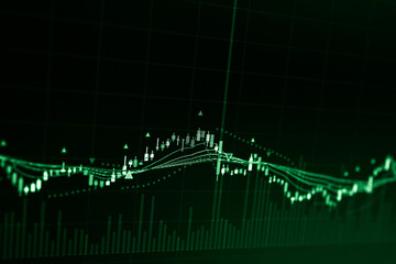 Stock market data on digital LED display. Fundamental and technical analysis with candle stick graph chart of stock market trading to represent about Bullish and Bearish point.