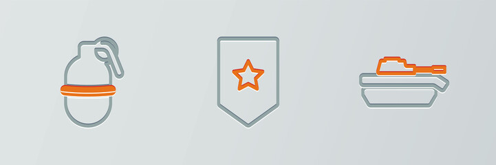 Set line Military tank, Hand grenade and Chevron icon. Vector