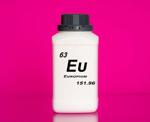 Europium Eu chemical element in a laboratory plastic container