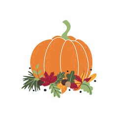 Pumpkin colorful inspirational vector illustration. Seasonal template with orange gourd and autumn leaves. Flat style clipart for thanksgiving day, greeting, invitation card, poster.
