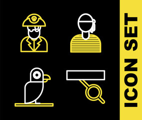 Set line Sailor captain, Pirate eye patch, parrot and icon. Vector