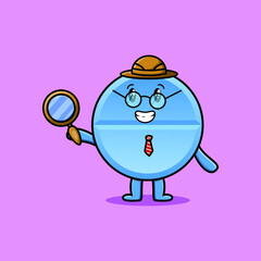 Naklejka premium Cute cartoon character Pill medicine detective is searching with magnifying glass