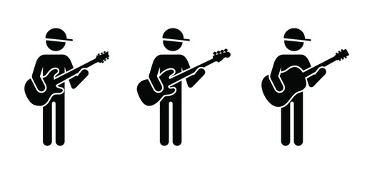 Stickman, stick figure man singer. Musician, guitar player or guitaris Cartoon bass, acoustic, rock electric, guitars headstock. Music silhouette Vector guitars icon or logo. guitar amplifier
