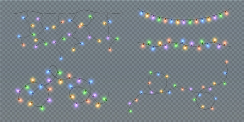Festive Christmas light multicolored garlands PNG. Decor element for postcards, invitations, backgrounds, business cards. Winter new collection 2023.