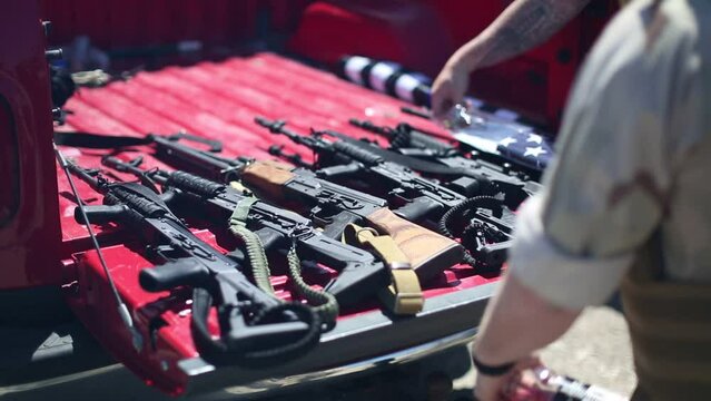 AR-15 Style Rifles in bed of truck B roll gun safety rights 2nd amendment regulation