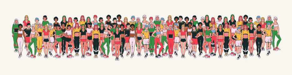 Women in sportswear. Girls activities. Set of multicultural young adult women doing sports, running, bodybuilding, yoga, fitness. Sport women trendy cartoon vector illustration. 