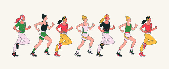 Seth running girls. Women character is jogging, listening music in headphones. The girls are running and doing fitness. Active healthy lifestyle vector illustration, modern cartoon style design. 