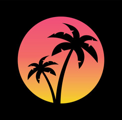 1980's retrowave style illustration with coconut palm trees against the gradient sunset