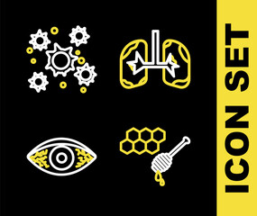 Set line Lungs, Honeycomb with honey dipper, Reddish eye allergic conjunctivitis and Bacteria icon. Vector