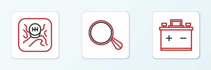 Set line Car battery, Gear shifter and mirror icon. Vector