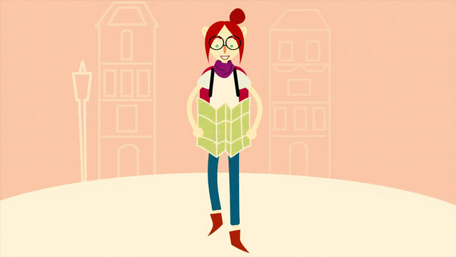 Cartoon animation with a red haired girl with a map in her hands walking on moving house silhouettes background, adventure and exploring world concept. Abstract girl with glasses travelling.