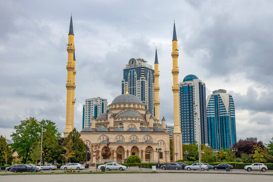 The Heart of Chechnya Mosque on the background of the Grozny City complex, Chechen Republic