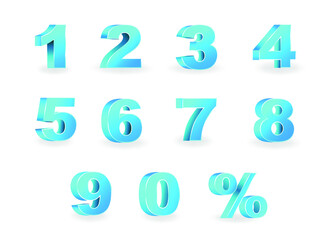 3D Vector 0, 1, 2, 3, 4, 5, 6, 7, 8, 9 Blue color numeral alphabet. number symbol with percent discount sale promotion design.