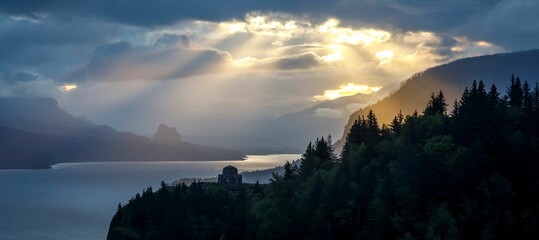 Fantastic sunrise in the Columbia River Gorge with the Vista House seen in the picture