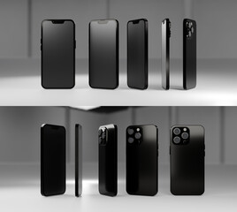 Modern smartphone in all angles for presentation or mockup, 3d rendering