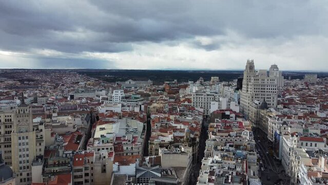 Aerial cityscape with vast panorama and narrow street in Madrid, Spain