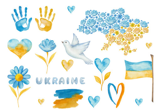 Watercolor illustration of hand painted map of Ukraine, flag, pigeon of peace, flowers, hearts, hand prints in blue and yellow. Colors of Ukrainian flag. Isolated clip art for Independence day poster
