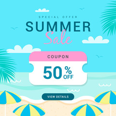 Summer sale coupon vector illustration. Summer promotion. - obrazy, fototapety, plakaty