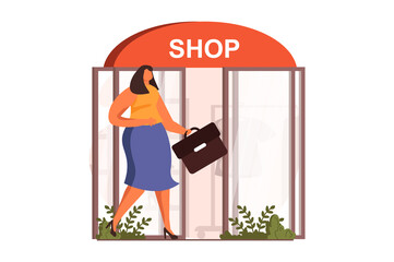 Street shops web concept in flat design. Woman consumer goes shopping and walks by boutique showcase at street. Buyer making purchases and standing by store door. Illustration with people scene