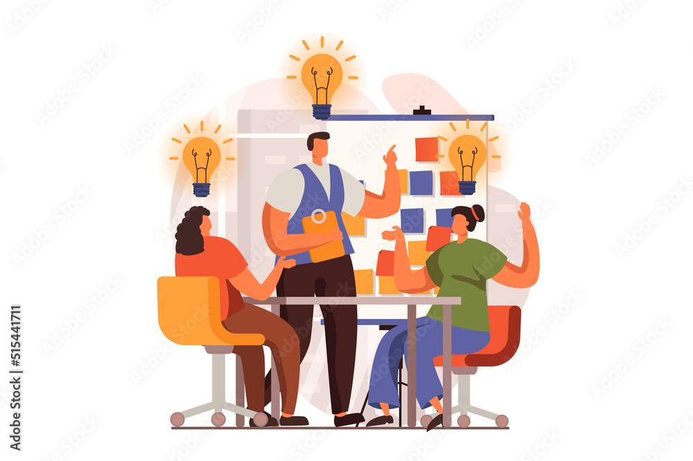 Poster teamwork web concept in flat design. colleagues discuss at business meeting, generate ideas at confe