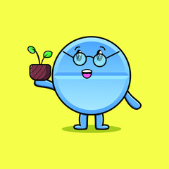 Cute cartoon pill medicine holding plant in a pot flat modern style design