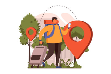 Travelling web concept in flat design. Man tourist with backpack and luggage goes on vacation and trekking route on location map using smartphone application. Illustration with people scene