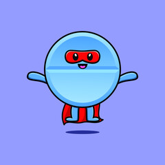 Cute pill medicine superhero character flaying illustration cartoon vector in concept flat modern style
